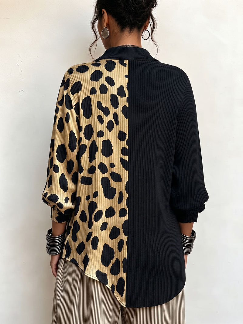 Leopard Print Sweater for Women with Asymmetric Buttons and Lapel Collar in Black Leopard, back view