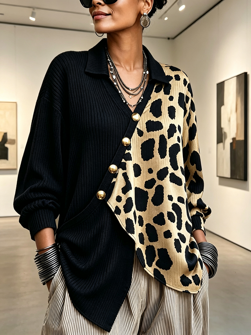Leopard Print Sweater for Women with Asymmetric Buttons and Lapel Collar in Black Leopard, front view 2