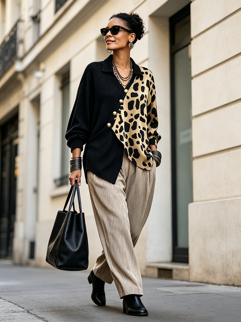 Leopard Print Sweater for Women with Asymmetric Buttons and Lapel Collar in Black Leopard, styled view