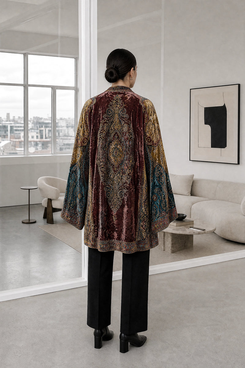 Dahlia | Boho Kimono Cardigan in Burgundy, studio back view