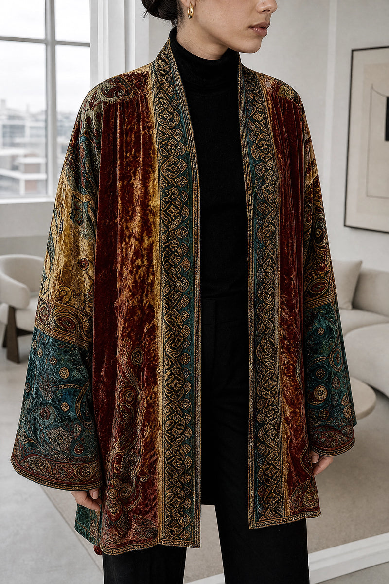 Dahlia | Boho Kimono Cardigan in Burgundy, fabric close-up