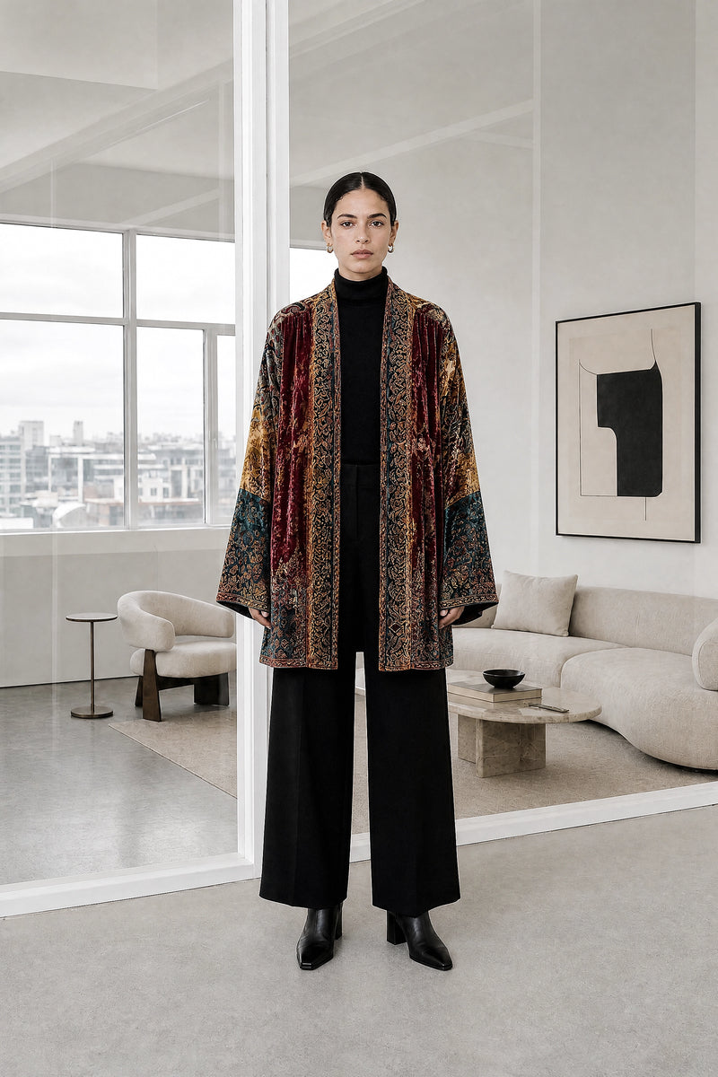 Dahlia | Boho Kimono Cardigan in Burgundy, studio front view