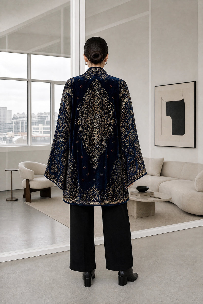 Dahlia | Boho Kimono Cardigan in Midnight Blue, studio back view