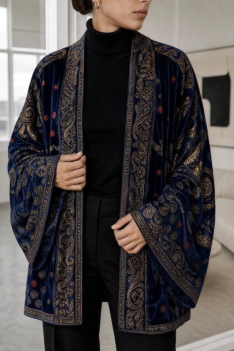 Dahlia | Boho Kimono Cardigan in Midnight Blue, fabric close-up