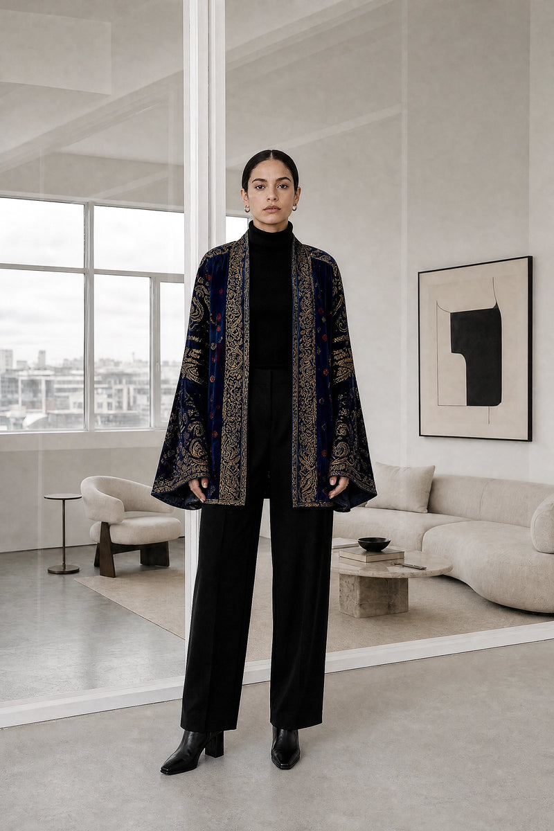 Dahlia | Boho Kimono Cardigan in Midnight Blue, studio front view