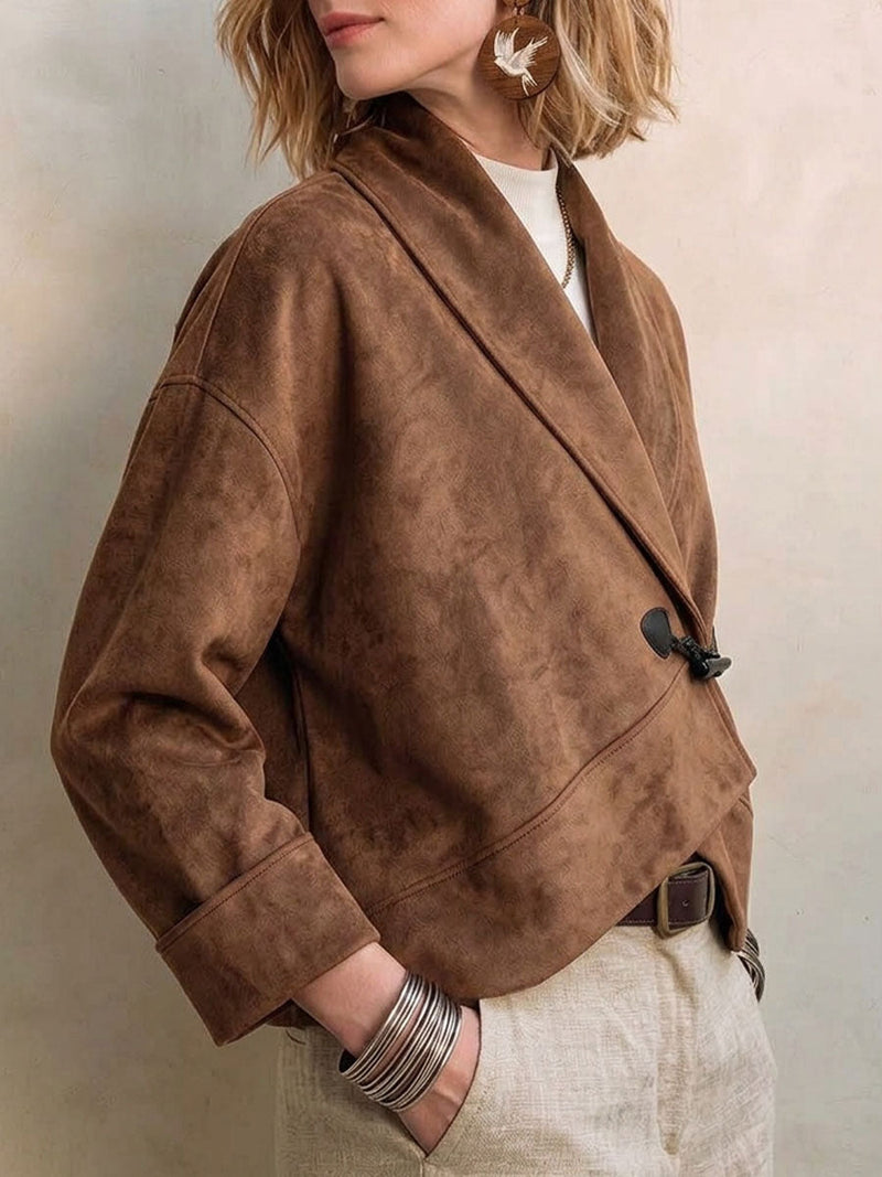 Faux Suede Jacket for Women with Shawl Collar and Toggle Closure in Coffee, side view