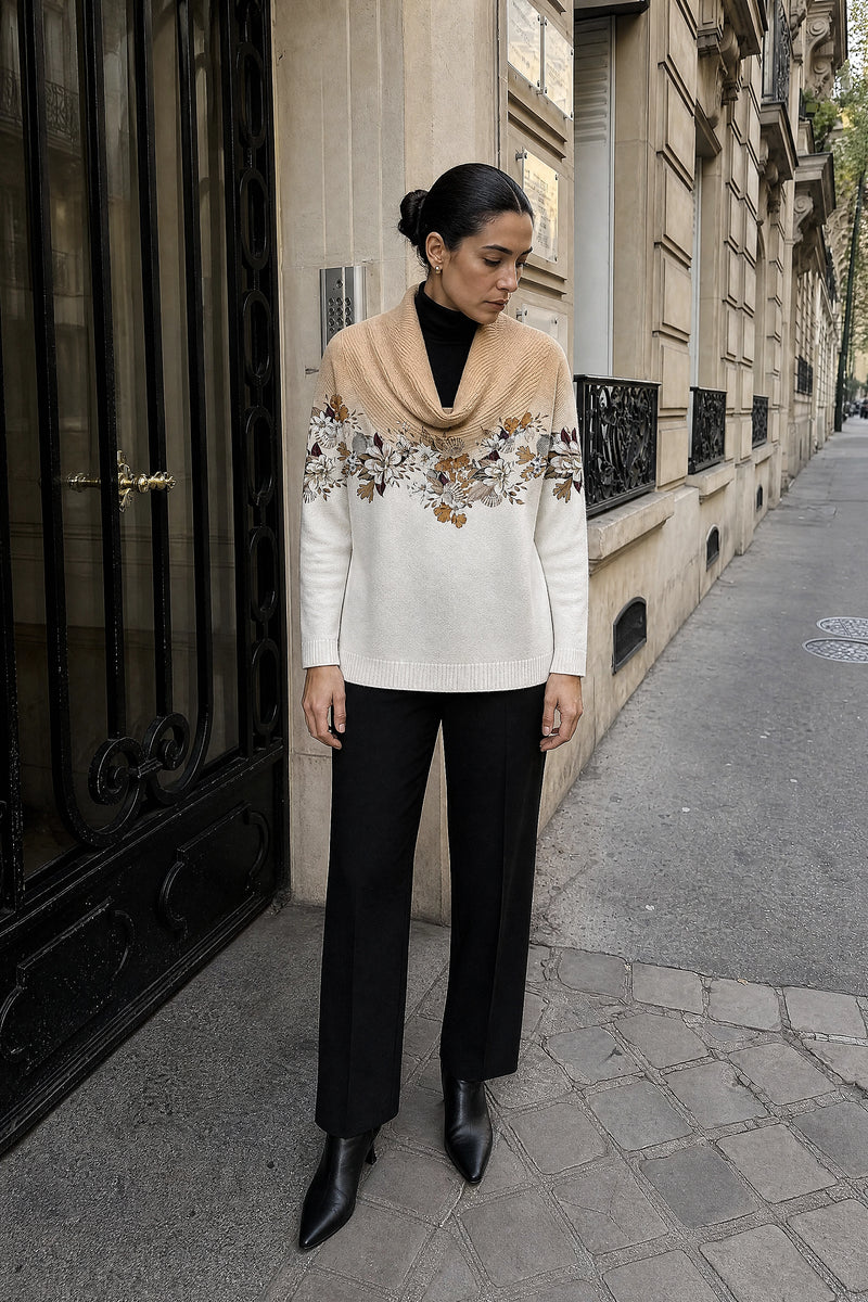 SOFAINE-V7-LIFE-Dakota | Floral Collared Sweater in Beige, street-style view