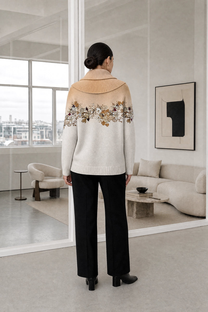 Dakota | Floral Collared Sweater in Beige, studio back view