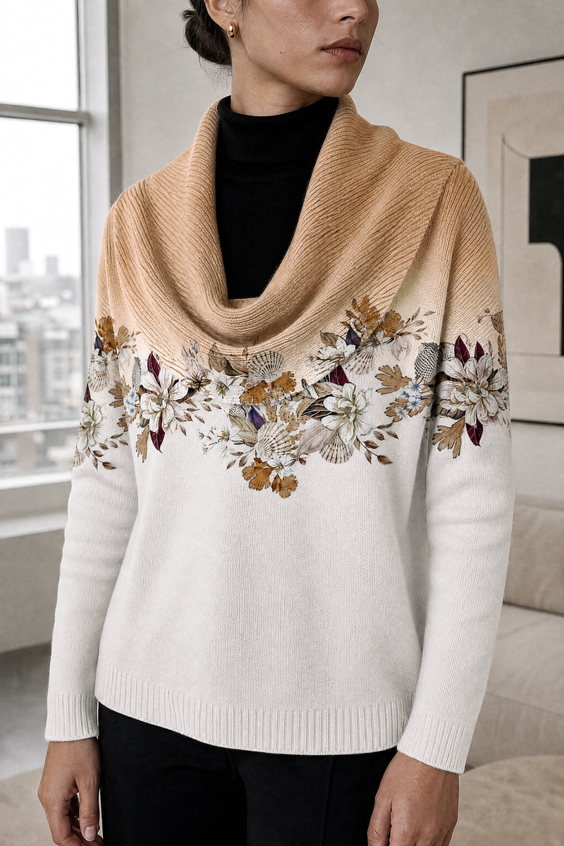 Dakota | Floral Collared Sweater in Beige, fabric close-up