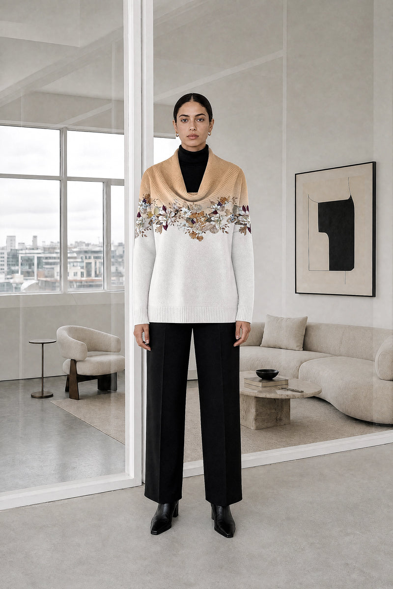 Dakota | Floral Collared Sweater in Beige, studio front view