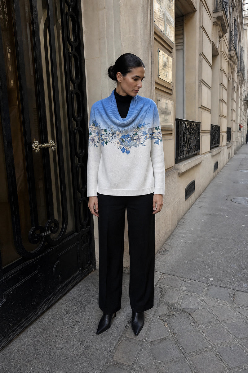 SOFAINE-V7-LIFE-Dakota | Floral Collared Sweater in Blue, street-style view