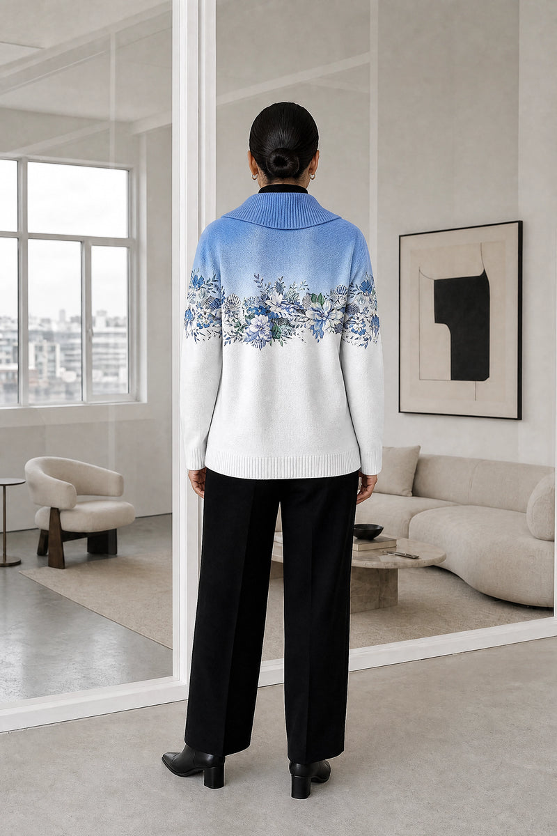 Dakota | Floral Collared Sweater in Blue, studio back view