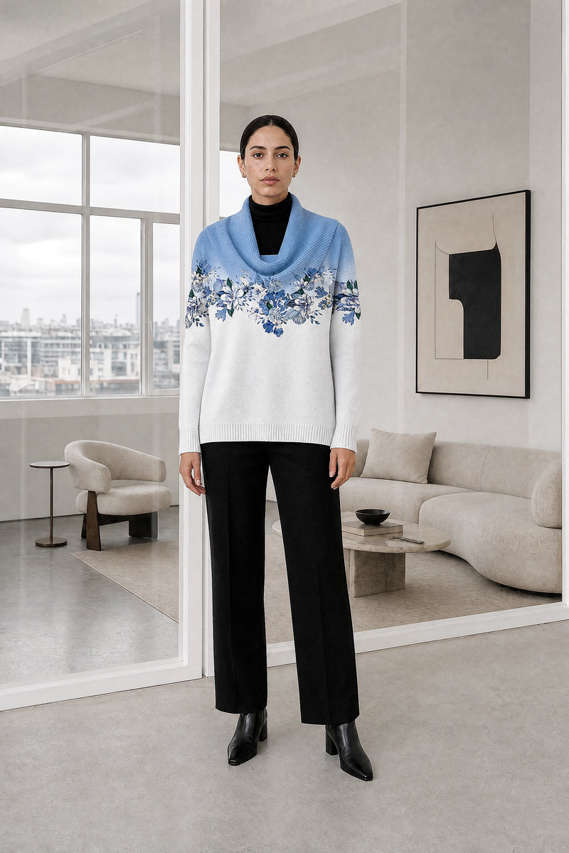 Dakota | Floral Collared Sweater in Blue, studio front view