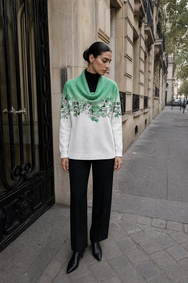 SOFAINE-V7-LIFE-Dakota | Floral Collared Sweater in Green, street-style view