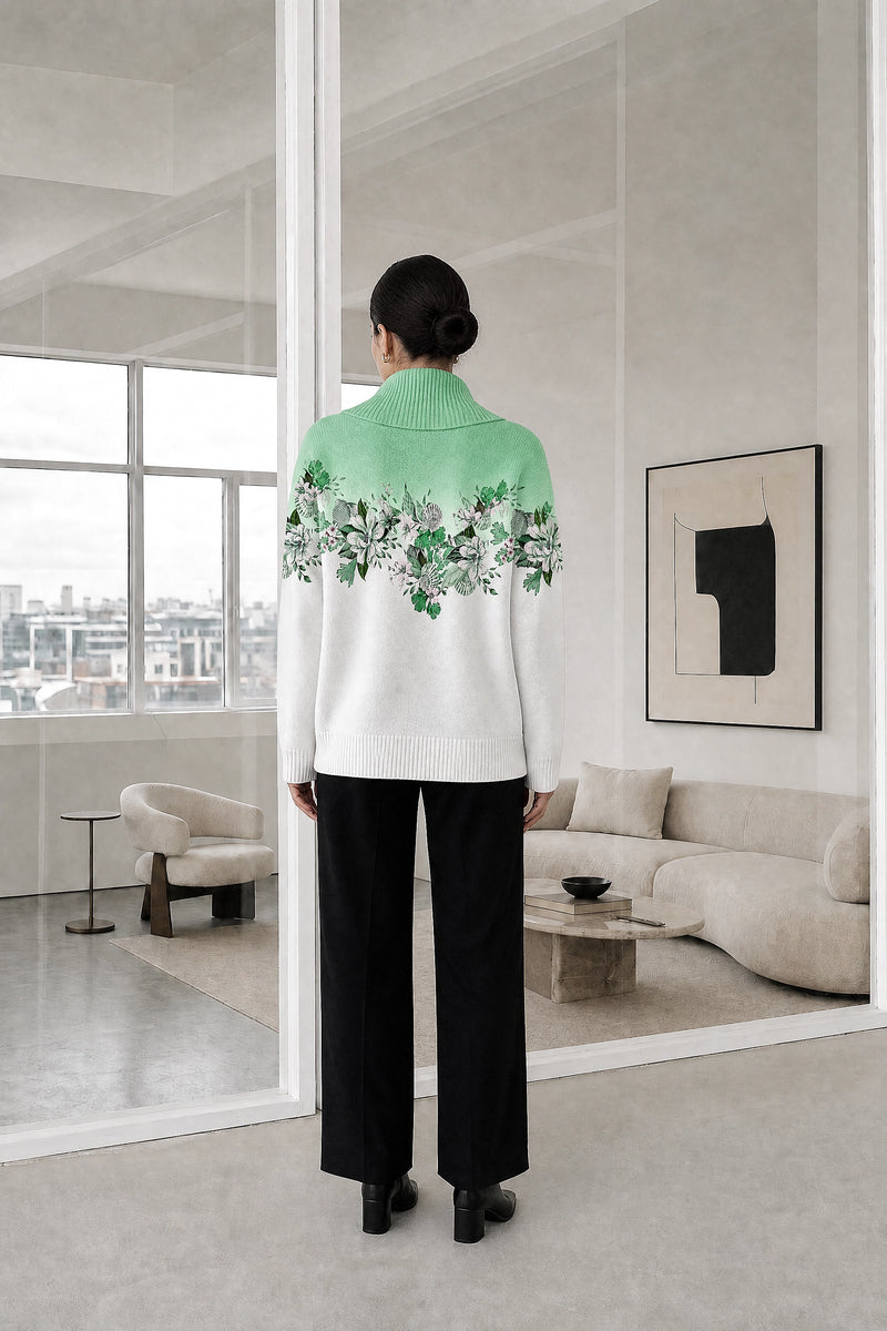 Dakota | Floral Collared Sweater in Green, studio back view