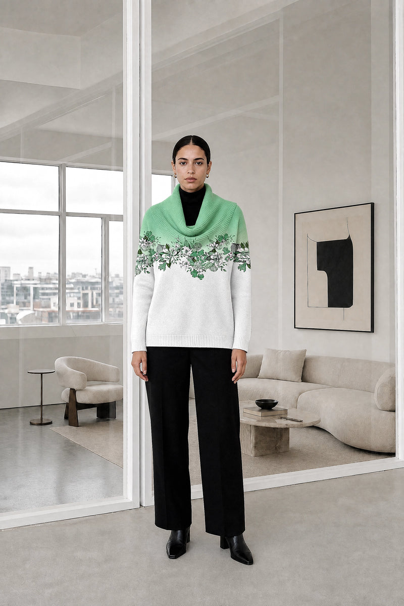 Dakota | Floral Collared Sweater in Green, studio front view