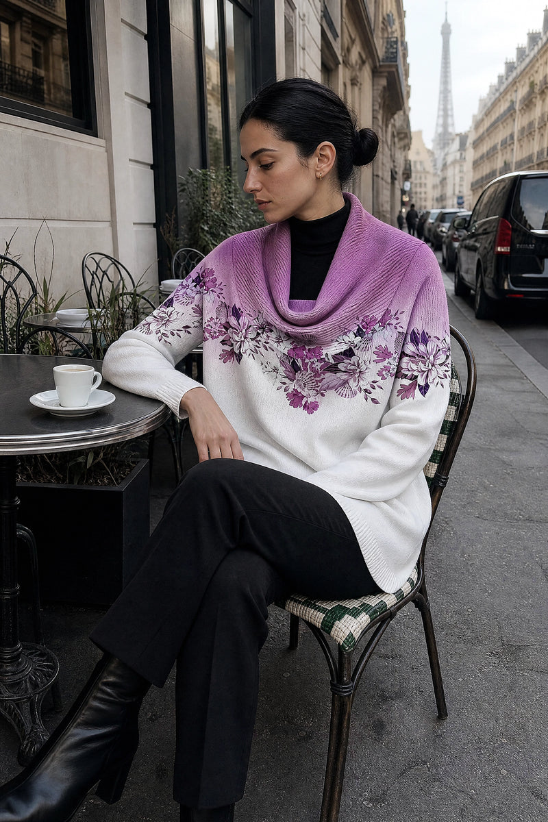 SOFAINE-V7-LIFE-Dakota | Floral Collared Sweater in Purple, café scene