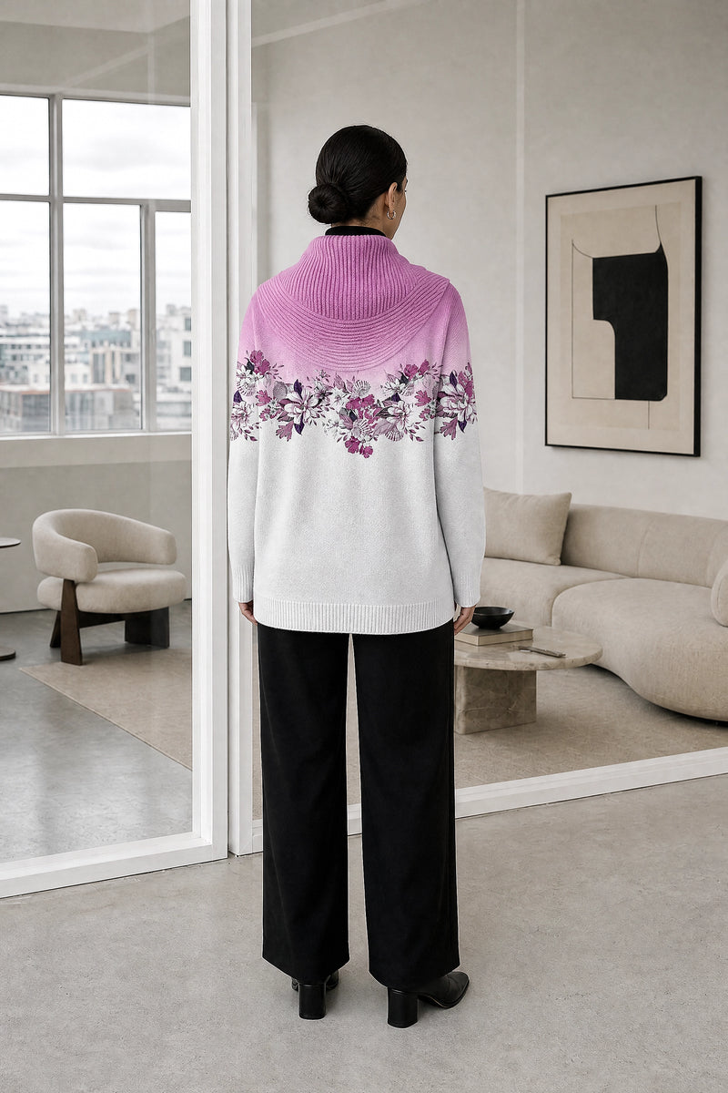 Dakota | Floral Collared Sweater in Purple, studio back view