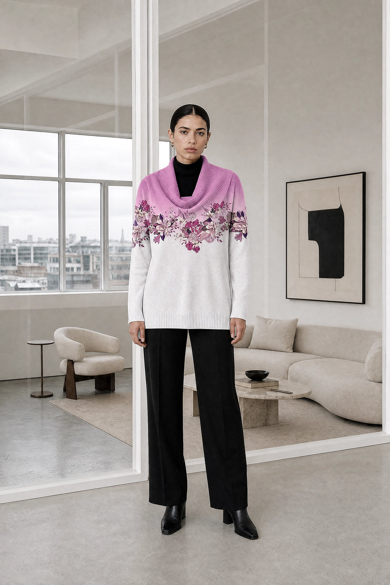 Dakota | Floral Collared Sweater in Purple, studio front view