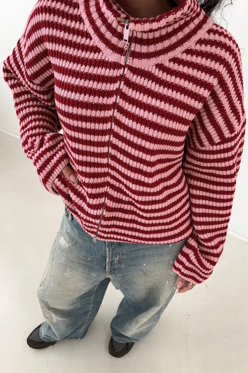 Striped Zip Up Sweater for Women with High Neck and Two-Way Zipper in Red Stripe, close-up