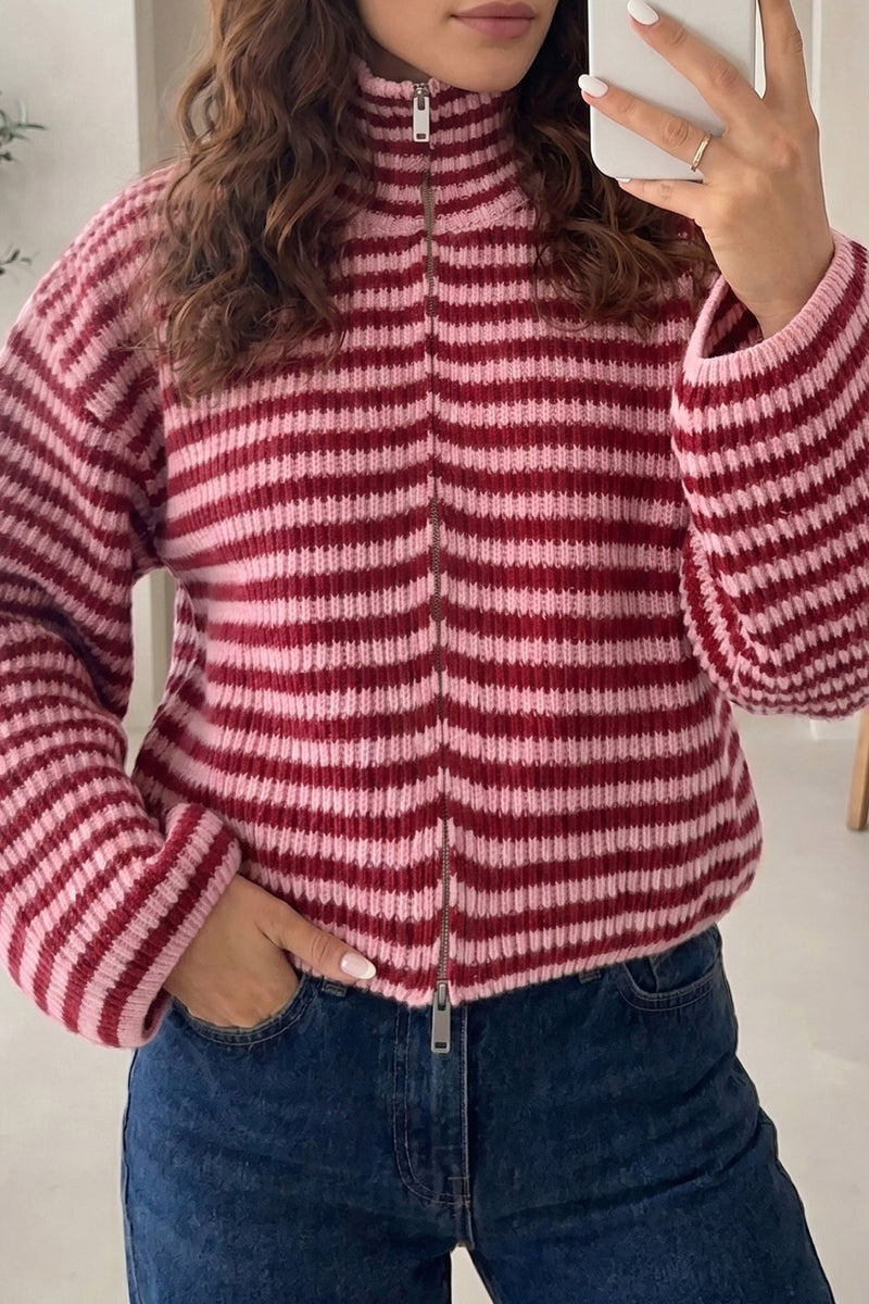 Striped Zip Up Sweater for Women with High Neck and Two-Way Zipper in Red Stripe, front view zipped