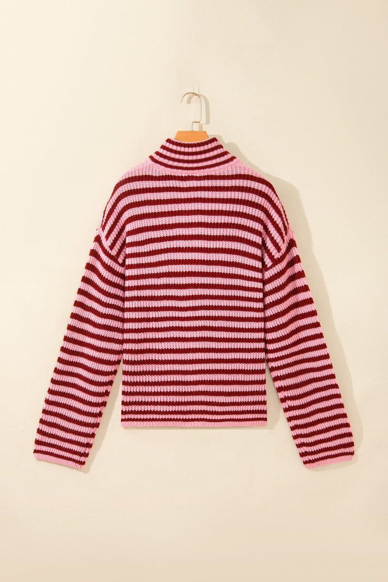 Striped Zip Up Sweater for Women with High Neck and Two-Way Zipper in Red Stripe, hanger back view