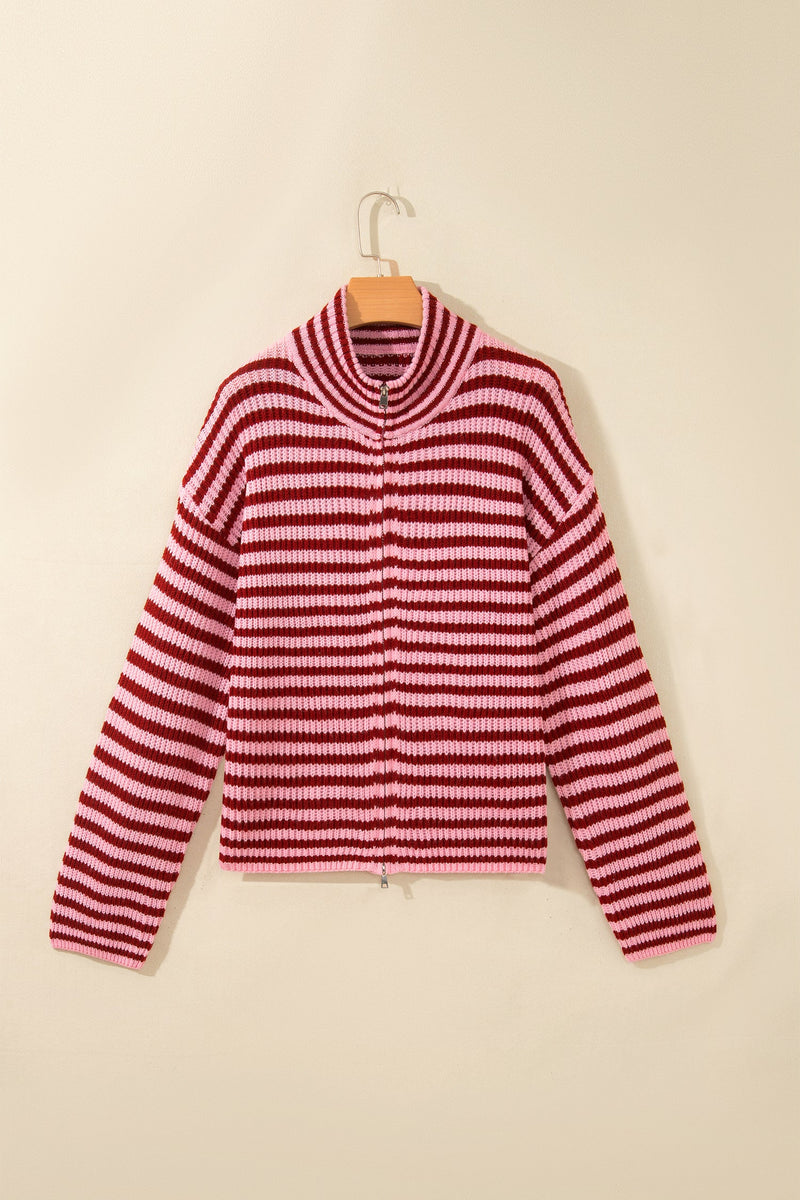 Striped Zip Up Sweater for Women with High Neck and Two-Way Zipper in Red Stripe, hanger front view