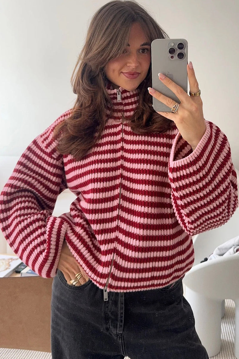 Striped Zip Up Sweater for Women with High Neck and Two-Way Zipper in Red Stripe, side view