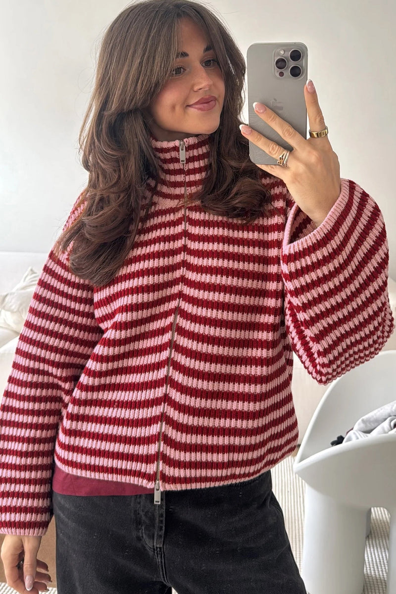 Striped Zip Up Sweater for Women with High Neck and Two-Way Zipper in Red Stripe, styled view