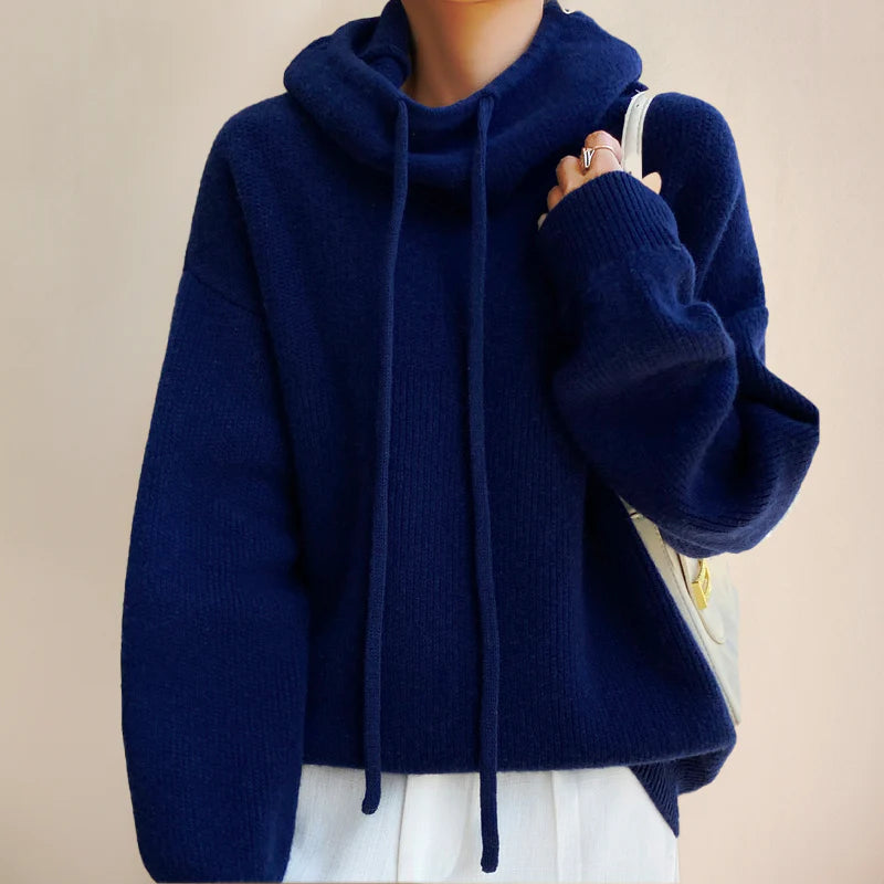 Knit Hoodie Sweater for Women with Drawstring Hood and Drop Shoulders in Blue, front view