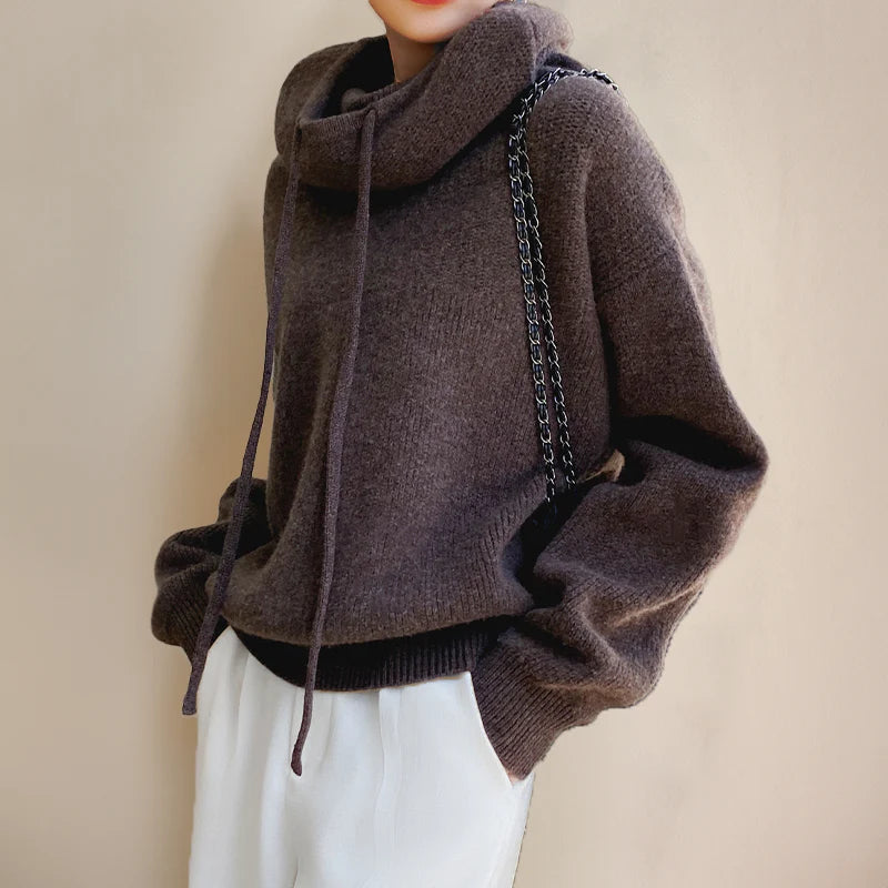Knit Hoodie Sweater for Women with Drawstring Hood and Drop Shoulders in Brown, side view