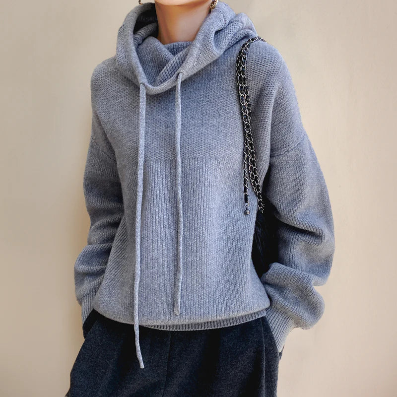 Knit Hoodie Sweater for Women with Drawstring Hood and Drop Shoulders in Gray, front view