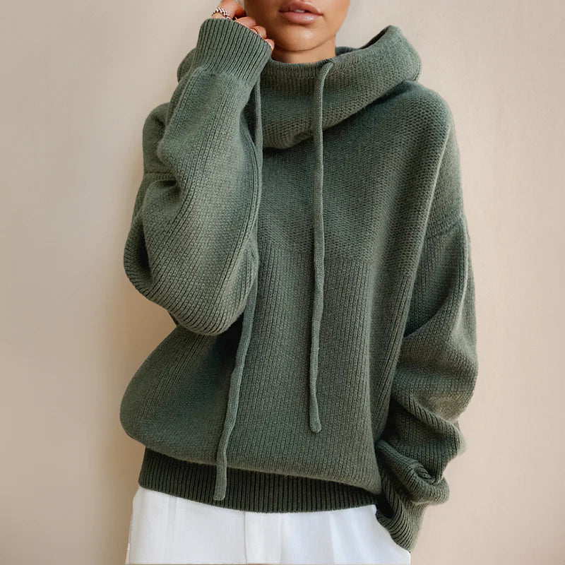 Knit Hoodie Sweater for Women with Drawstring Hood and Drop Shoulders in Green, styled view