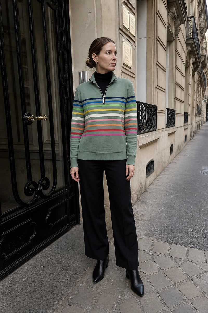 SOFAINE-V7-LIFE-Dana | Striped Quarter-Zip Pullover in Green, street-style view