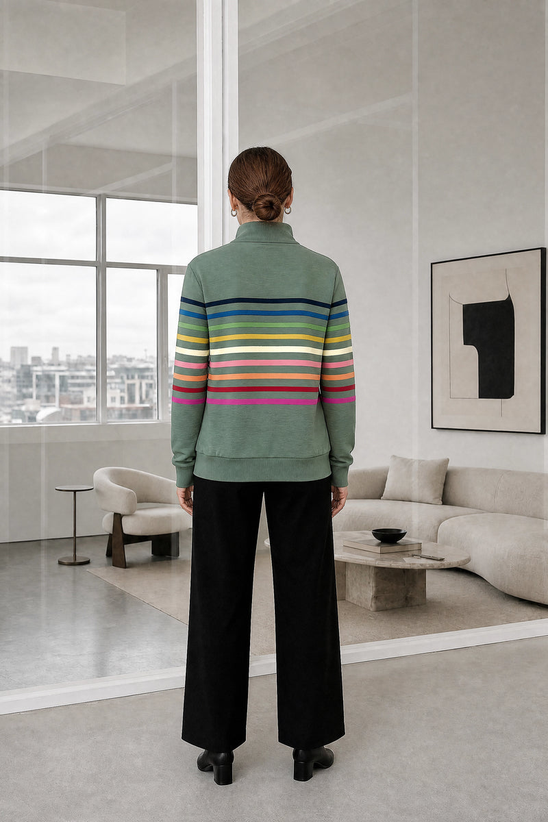 Dana | Striped Quarter-Zip Pullover in Green, studio back view