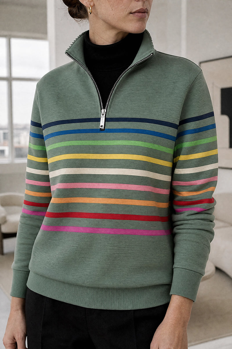 Dana | Striped Quarter-Zip Pullover in Green, fabric close-up