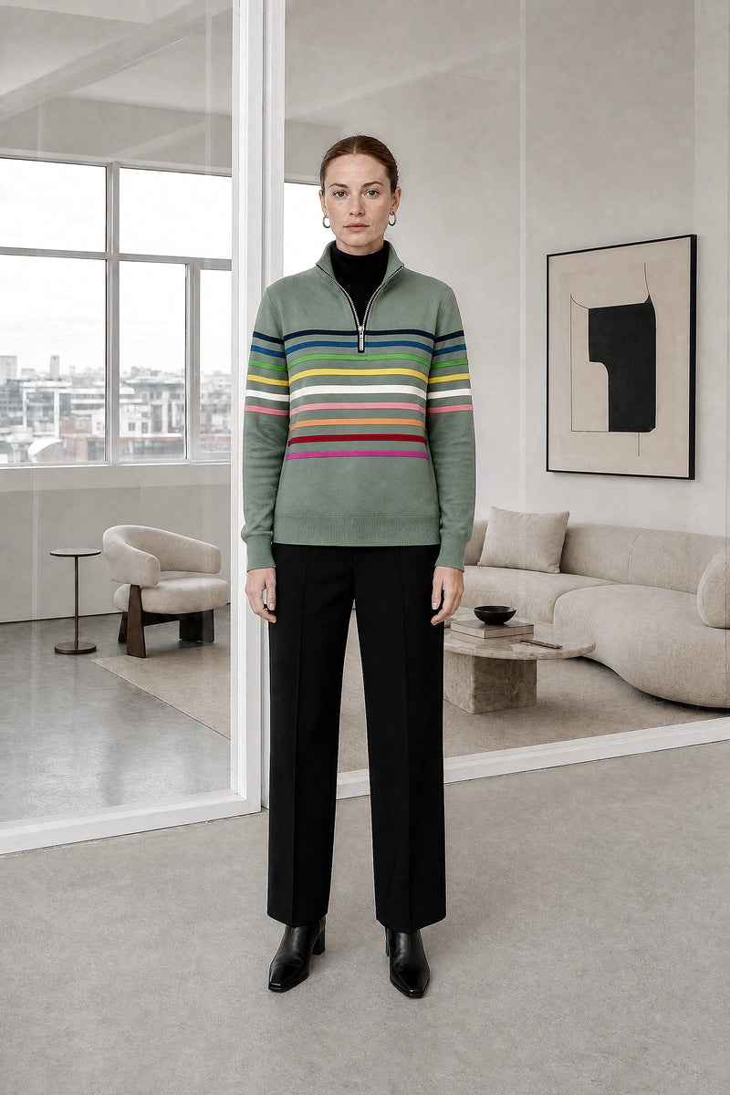Dana | Striped Quarter-Zip Pullover in Green, studio front view