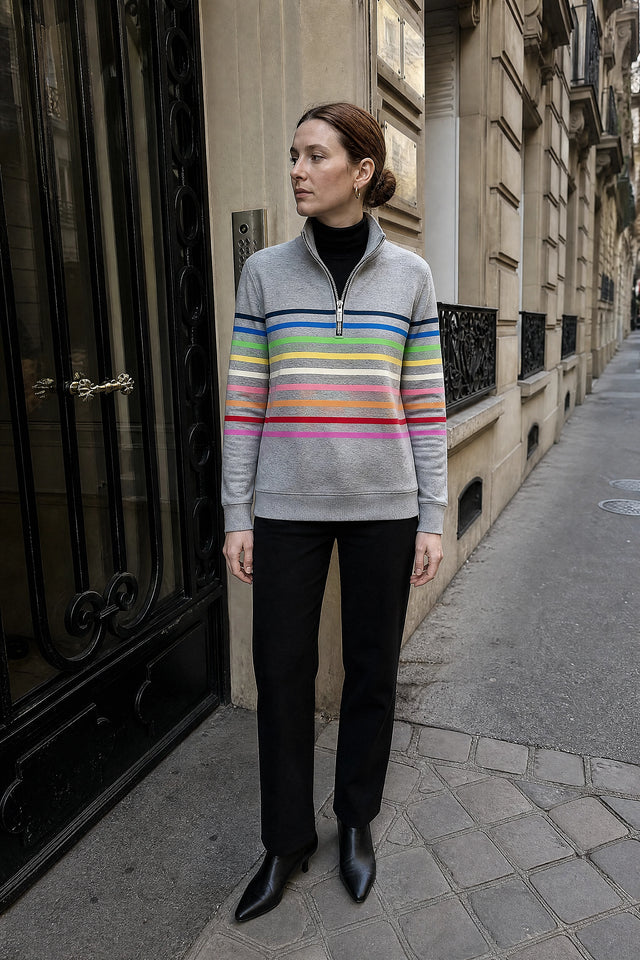 Dana | Stribet Quarter-Zip Pullover i Grå, gadelook