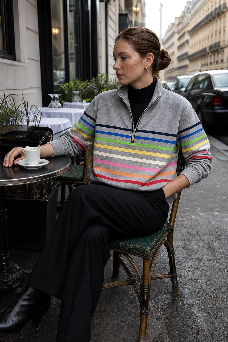 SOFAINE-V7-LIFE-Dana | Striped Quarter-Zip Pullover in Grey, café scene