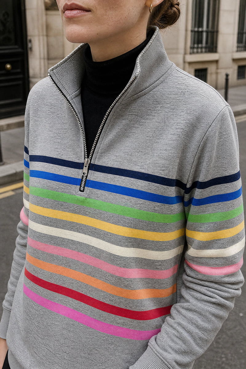 SOFAINE-V7-LIFE-Dana | Striped Quarter-Zip Pullover in Grey, detail close-up