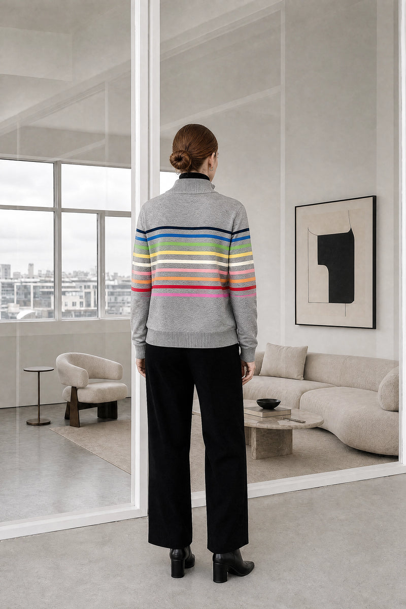 Dana | Striped Quarter-Zip Pullover in Grey, studio back view