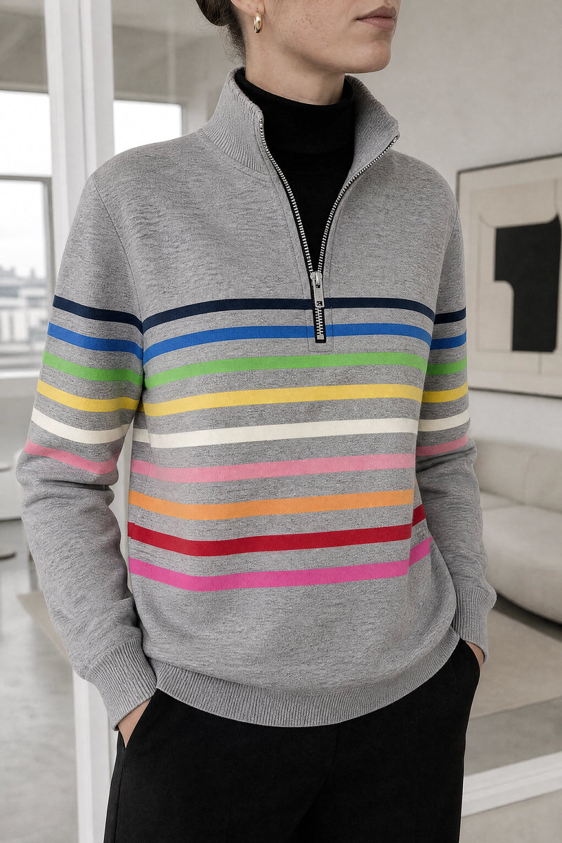Dana | Striped Quarter-Zip Pullover in Grey, fabric close-up