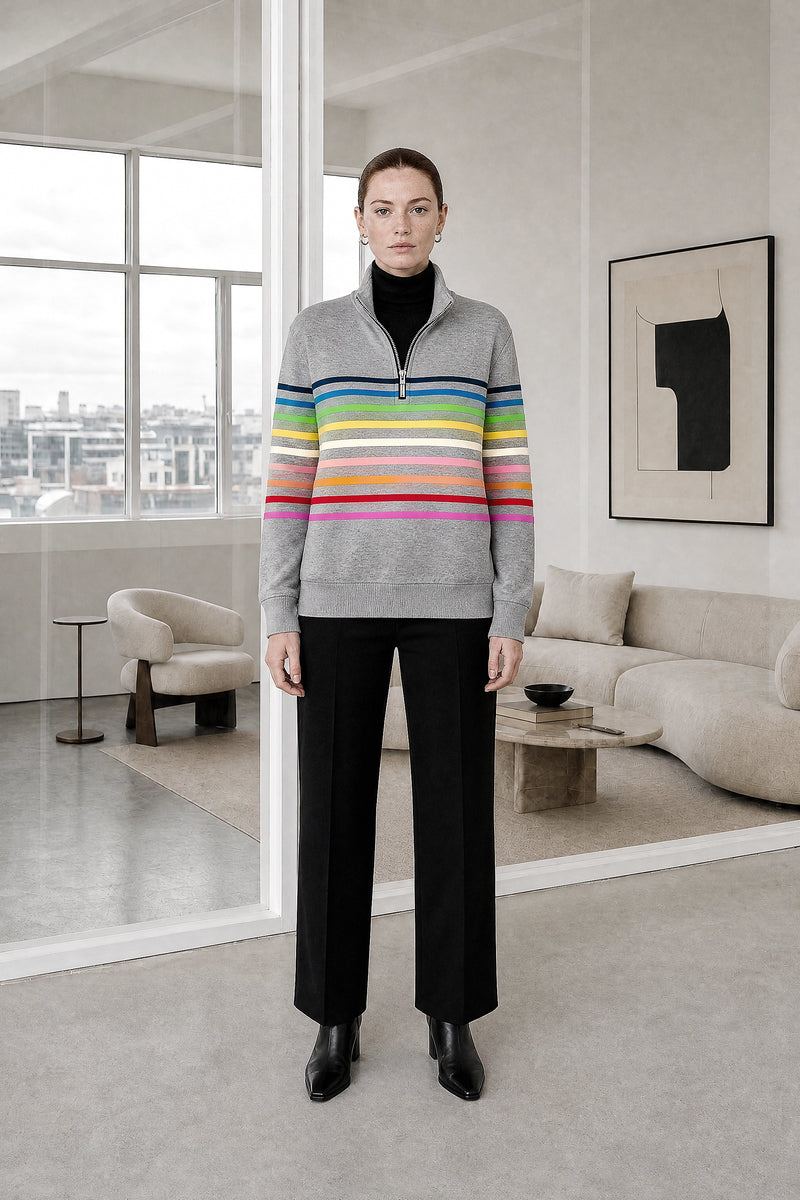 Dana | Striped Quarter-Zip Pullover in Grey, studio front view