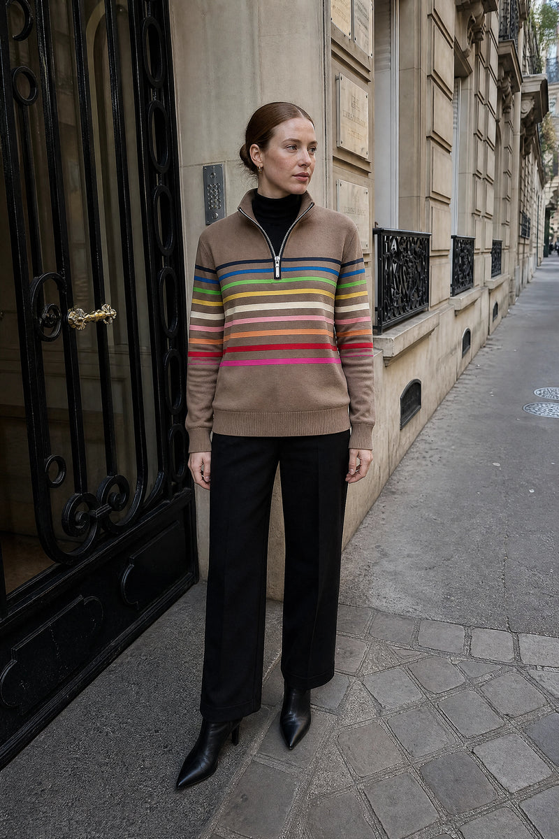 SOFAINE-V7-LIFE-Dana | Striped Quarter-Zip Pullover in Khaki, street-style view