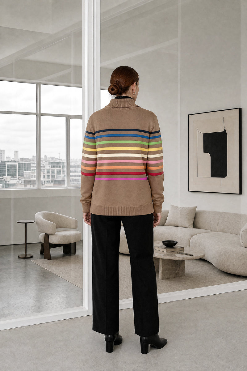 Dana | Striped Quarter-Zip Pullover in Khaki, studio back view