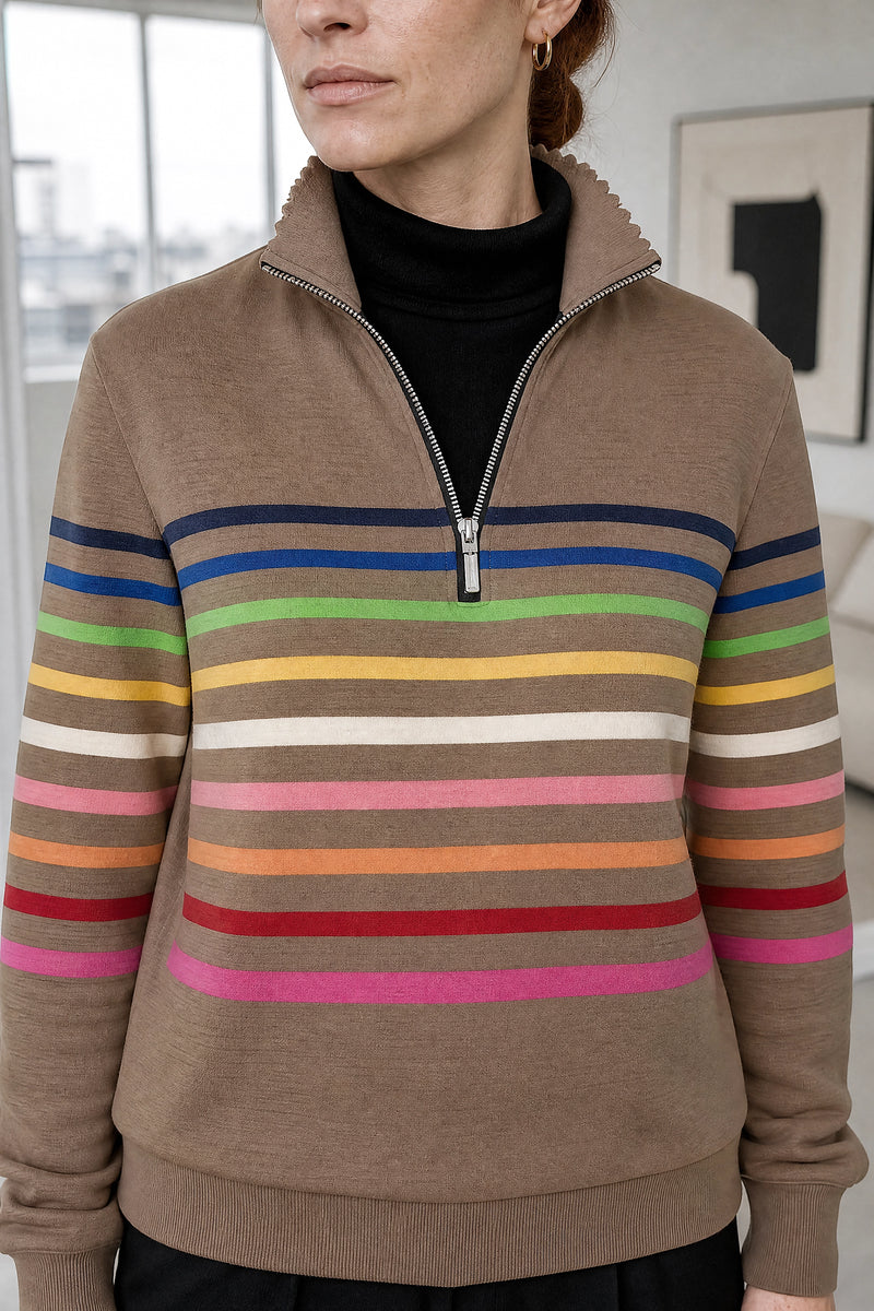 Dana | Striped Quarter-Zip Pullover in Khaki, fabric close-up