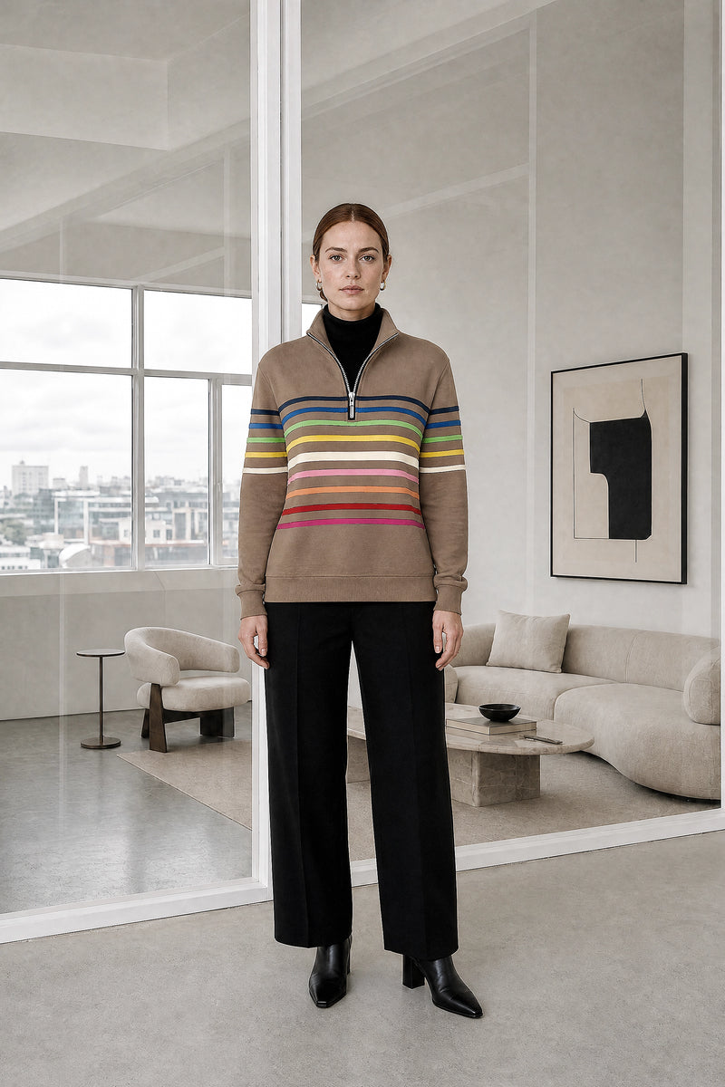 Dana | Striped Quarter-Zip Pullover in Khaki, studio front view