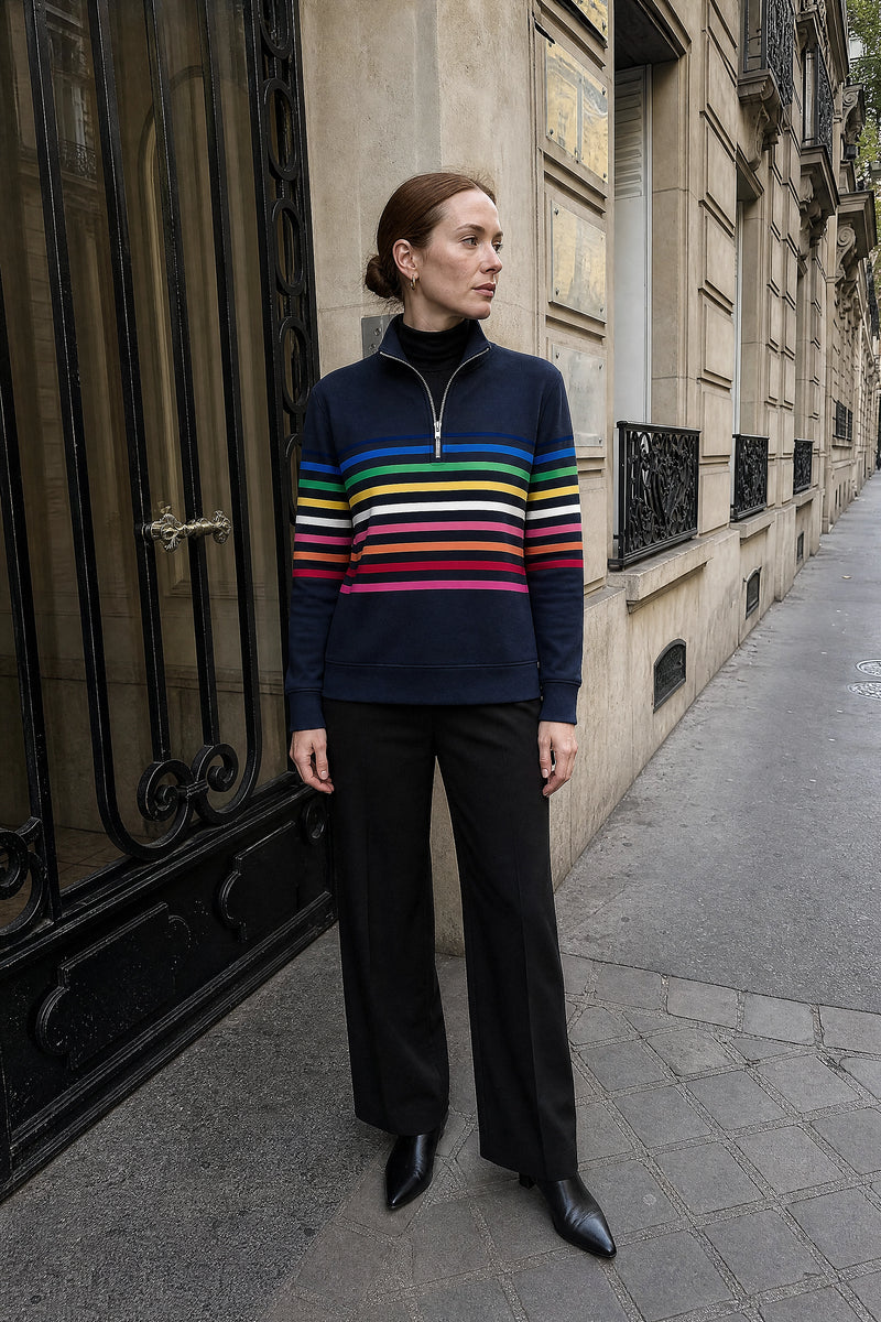 SOFAINE-V7-LIFE-Dana | Striped Quarter-Zip Pullover in Navy Blue, street-style view