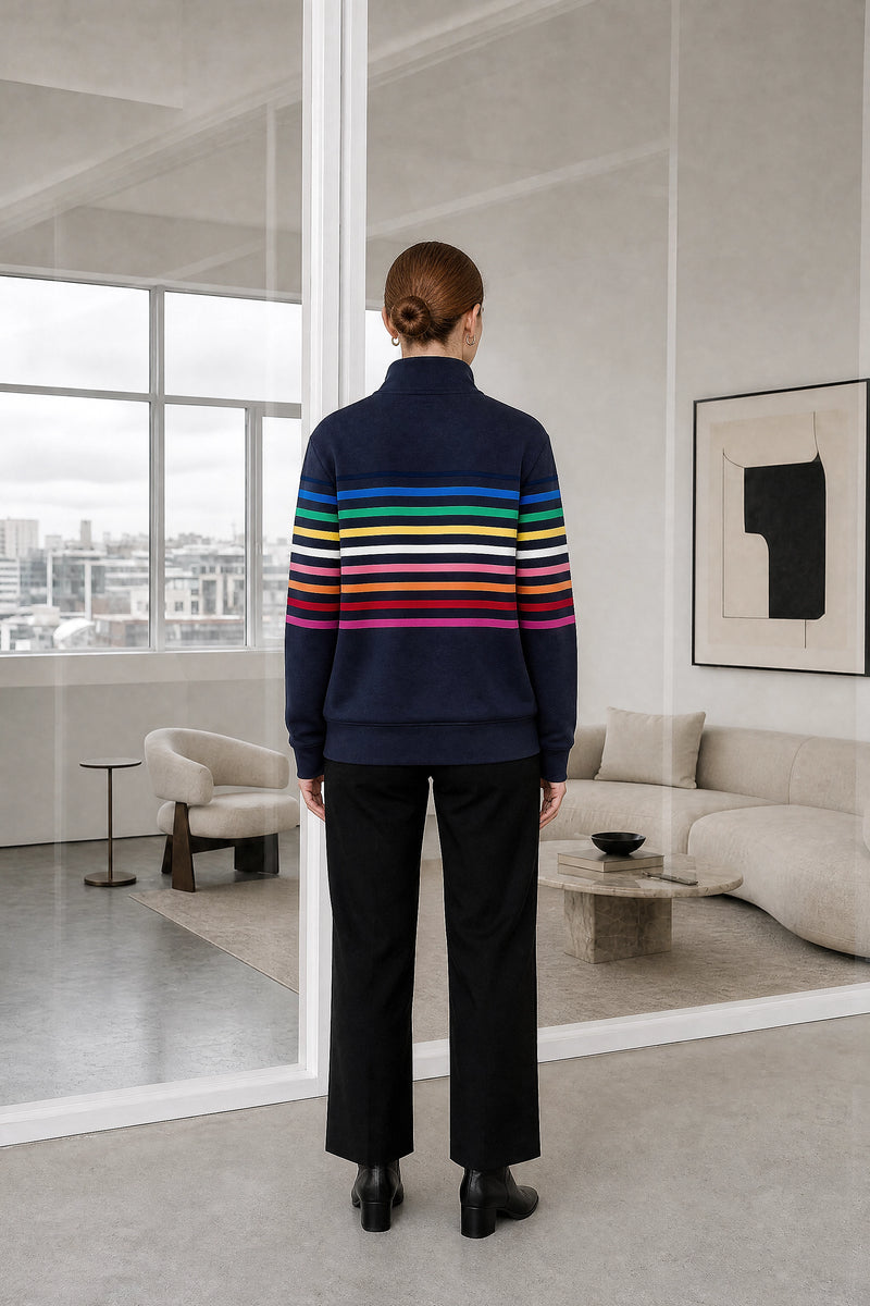 Dana | Striped Quarter-Zip Pullover in Navy Blue, studio back view
