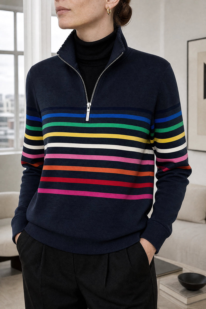 Dana | Striped Quarter-Zip Pullover in Navy Blue, fabric close-up